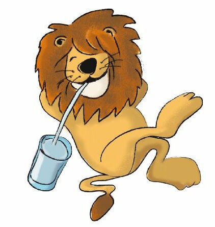 gezeichneter Löwe trinkt Wasser aus einem Becher