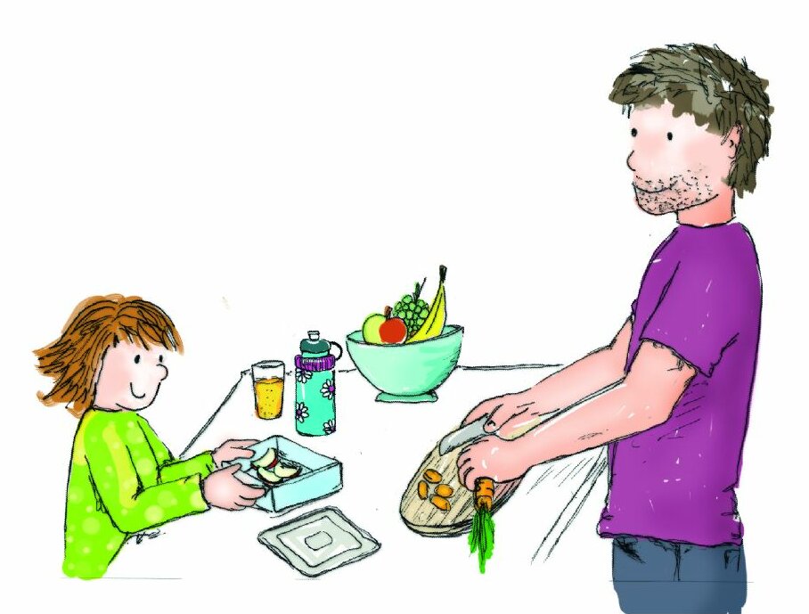 Zeichnung von Vater und Kind die Frühstück vorbereiten