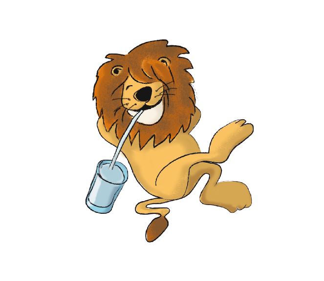 gezeichneter Löwe trinkt Wasser aus einem Becher