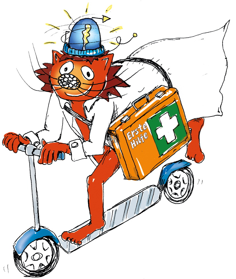 Comicfigur auf einem Roller mit Erste Hilfe Kasten