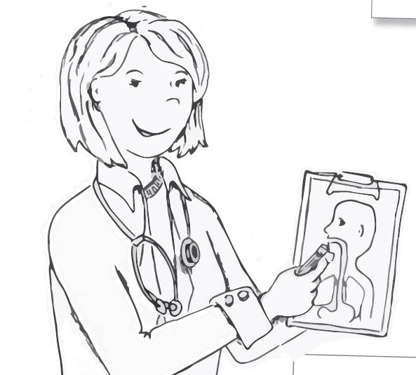 Zeichnung: eine Ärztin erklärt die Verdauung