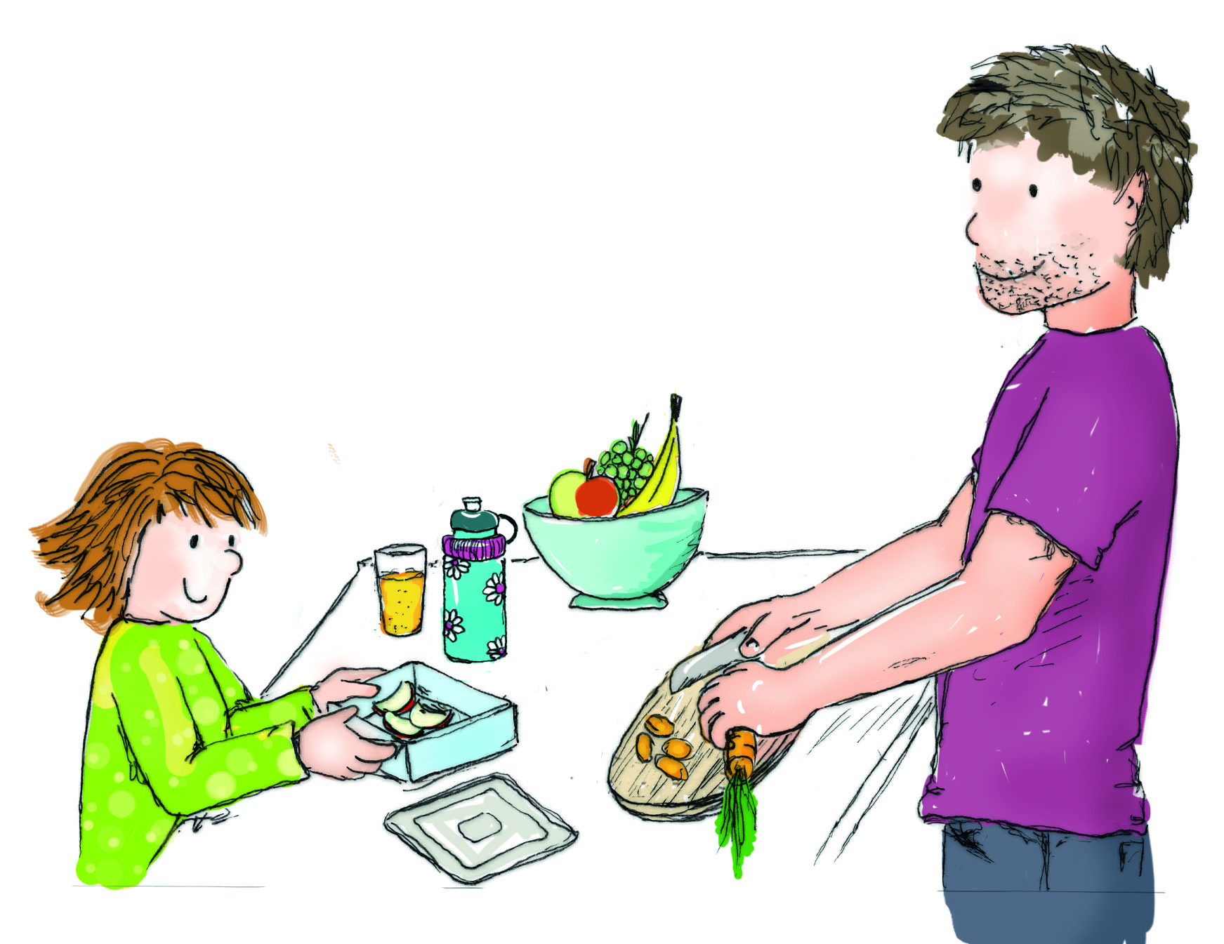 Zeichnung von Vater der mit Kind Frühstück vorbereitet